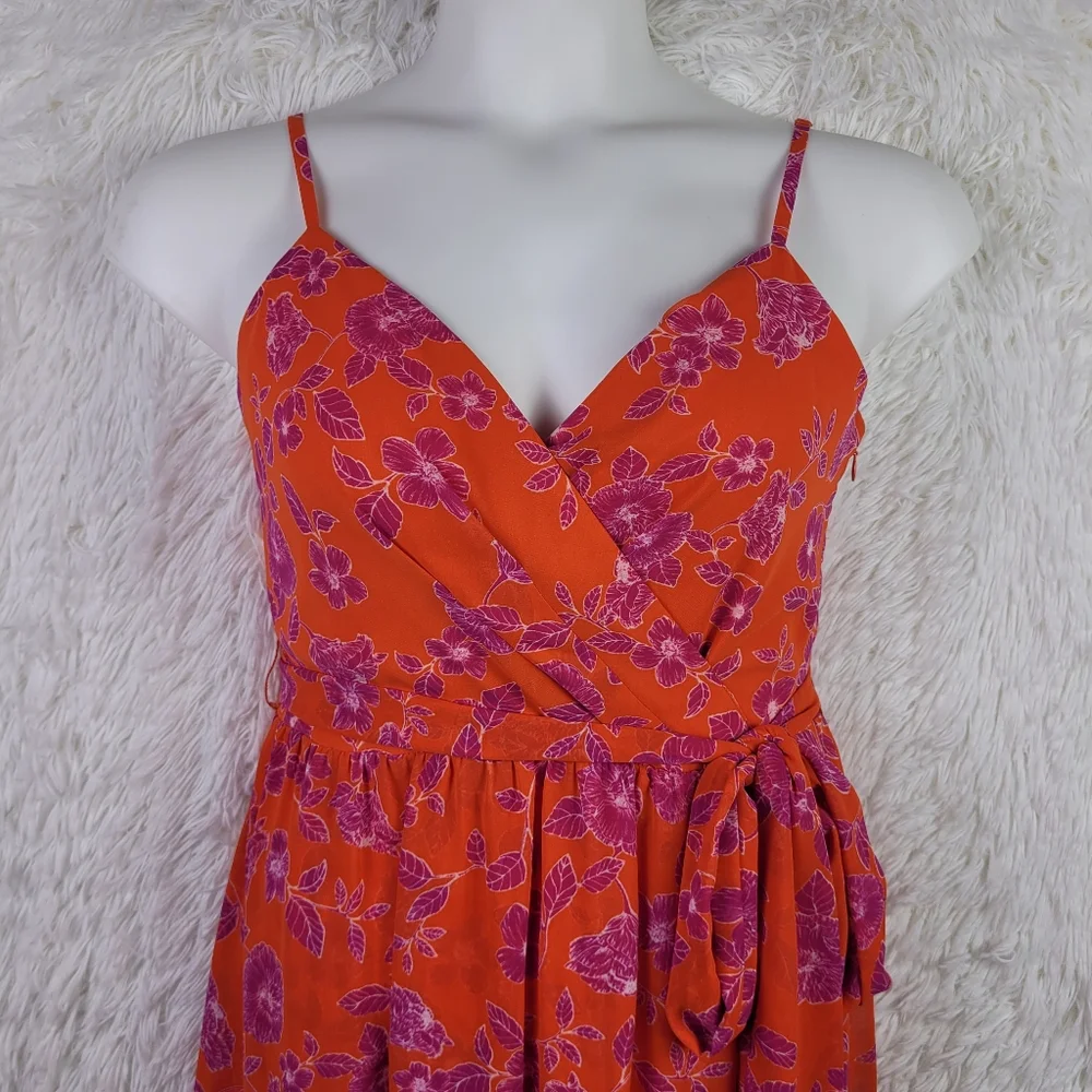 Eliza J Med Orange Floral Asymmetrical Midi Strappy Dress Smocked Tie Flowy - Picture 2 of 10